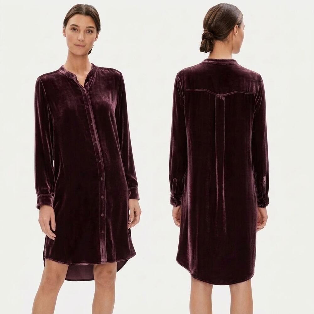 Eileen Fisher Velvet Mandarin Collar Tunic Shirt Dress Mulberry XS Silk Blend